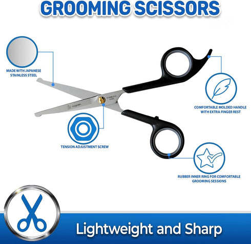 Pet Magasin Japanese Stainless Steel Grooming Scissors (2) for Facial hair and Larger for Body Trimming with Round Tip - Black...