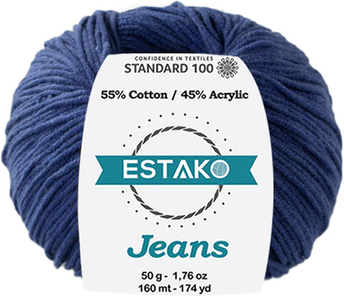 Estako Jeans, 55% Cotton 45% Acrylic Amigurumi Yarn, Soft, Fine/Sport (2) for Crochet and Knitting 1.76 Oz (50g) / 174 Yrds (160m) (1020 - Navy).....