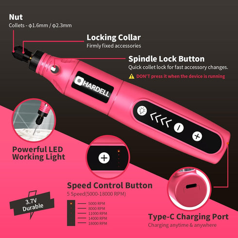 HARDELL Mini Cordless Rotary Tool, 5-Speed 3.7V rechargeable Kit with 61 Accessories, USB Charging Multi-Purpose Power Tool for Sanding, Polishing...