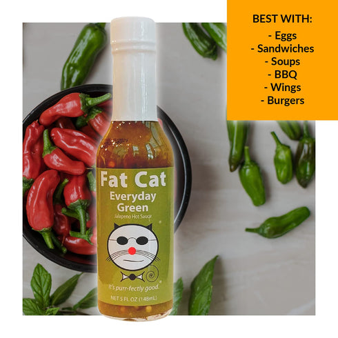 Everyday Green Jalapeno Pepper Hot Sauce by Fat Cat Gourmet | All Natural | Flavorful, Fresh and Versatile | Enhances Everyday Foods | Mild Heat |...