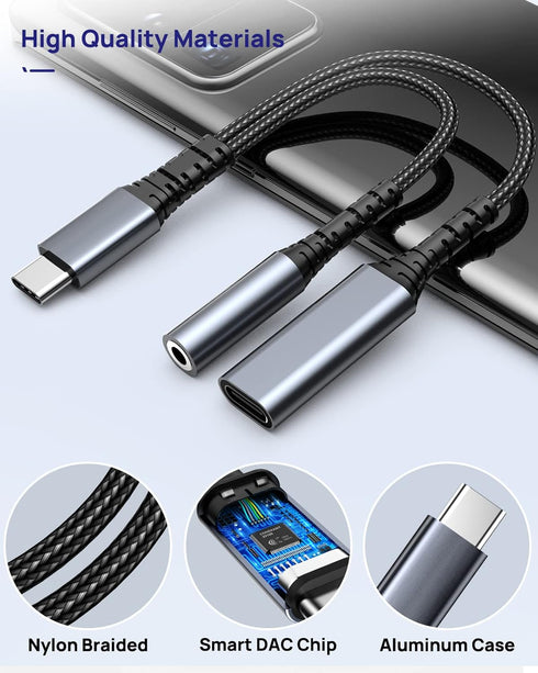 Adapter USB C to 3.5mm Audio - Charger 2 in 1 USB C to Aux and Charger Adapter - PD 60W Fast Charging Dongle Cable Cord, Compatible with Samsung G...