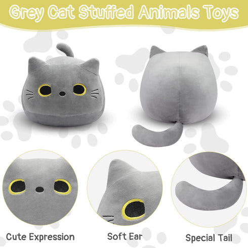Gray Cat Plush Pillows Toys, 12" Kawaii Gray Cat Stuffed Animals Plush Toys, Cute Soft Cat Plushie Gray Cat Pillow Stuffed Cat Toys for Birthday C...