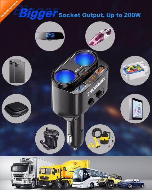 SUPERONE 200W 2-Socket Cigarette Lighter Splitter Power Adapter, USB C Car Charger with 20W Power Delivery 3.0 & QC 3.0 for iPhone 15 Pro Max/14/1...