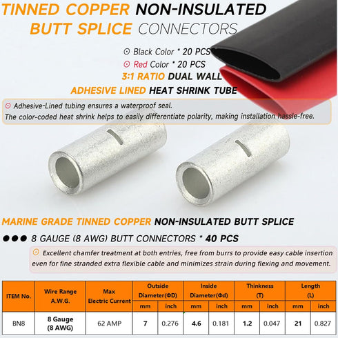 8 Gauge Non-Insulated Butt Connectors 40 PCS Butt Splice Connectors 8 AWG Marine Grade Tinned Copper Butt Splice Terminals 8mm² Seamless Uninsulat...