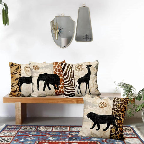 VENUSL Set of 4,African Animals,Giraffe,Elephant,Horse,Leopard with Zebra Pattern & Leopard Pattern Decorative Throw Pillow Covers,One-Side Printe...