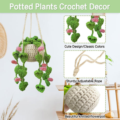 Crochet Hanging Plant for Car Cute Potted Plants Crochet Decor Car Mirror Hanging Accessories Rear View Ornament Hanging Boho Handmade Knitted Pen...