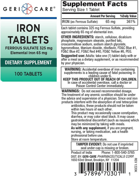 GeriCare Ferrous Sulfate Tablets 325mg, Elemental Iron 65 mg High Potency Iron Supplement | No Artificial Color Additives Dietary Supplement 100 C...