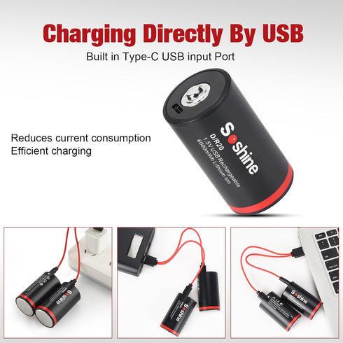 Rechargeable Lithium D Batteries with USB 2 in 1 Charging Cable,1.5V LR20 Battery D Size Replacement for Flashlight,Toys,Gas Stoves (2 Pack)......