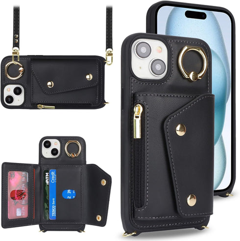 for iPhone 15 Plus Case with Card Holder and Strap - Zipper Pocket,Crossbody Lanyard Strap,Credit Card Holder,Stand Ring,Cute Phone Wallet Case fo...