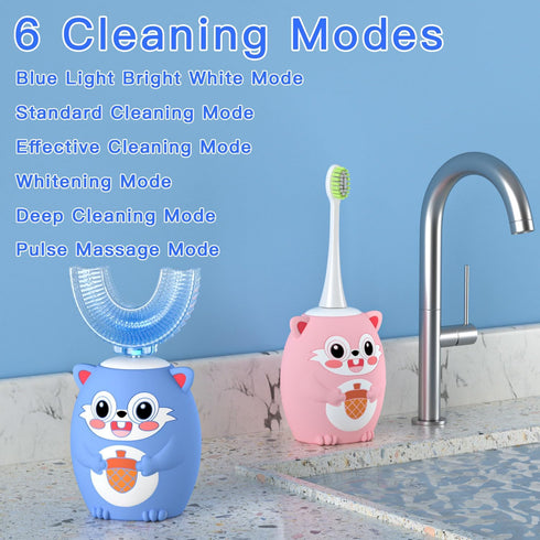 Kids Electric U Shaped Toothbrush, Childrens Toothbrush with 6 Soft Brush Heads Automatic Sonic Toothbrush Rechargeable with 6 Cleaning Modes - (A...