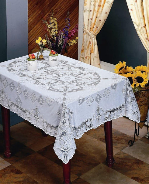 Violet Linen Vinyl Lace Betenburg Design Tablecloth White 60" by 104" Oblong/Rectangle...