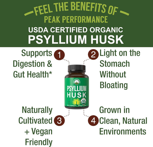 USDA Organic Psyllium Husk Vegan Capsules Made with Organic Psyllium Husk Seed. Fiber Supplement for Gut. Digestive Prebiotics. Pills for Digestio...