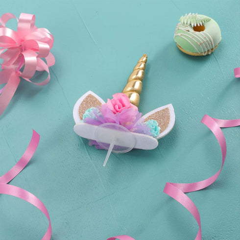 Unicorn Cake Topper,Handmade Party Cake Decoration Supplies with Eyelashes and stack,Reuasble Gold Horn for Birthday Party,Baby Shower, Wedding...