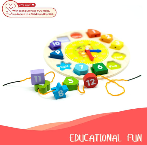 Wooden Clock with Lacing String & Shapes - Educational Learning Toys for 3 Year Olds & Up - Wooden Counting & Shape Sorting Toys for Toddlers - Do...