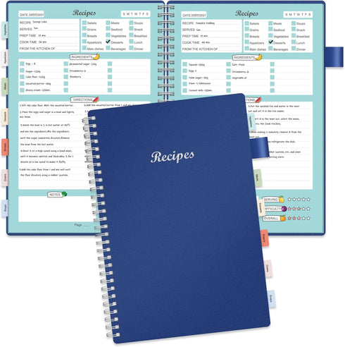 Recipe Book to Write in Your Own Recipes, Blank Recipe Notebook with Tabs for Family Cooking Lover, 120 Pages Recipe Organizer, 8.5 x 5.5", Blue...