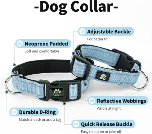 IVY&LANE 2 Pack Reflective Dog Collars and Leashs Set,Adjustable Neoprene Padded Dog Collars for Puppy, Breathable Nylon Pet Collar for Small Medi...