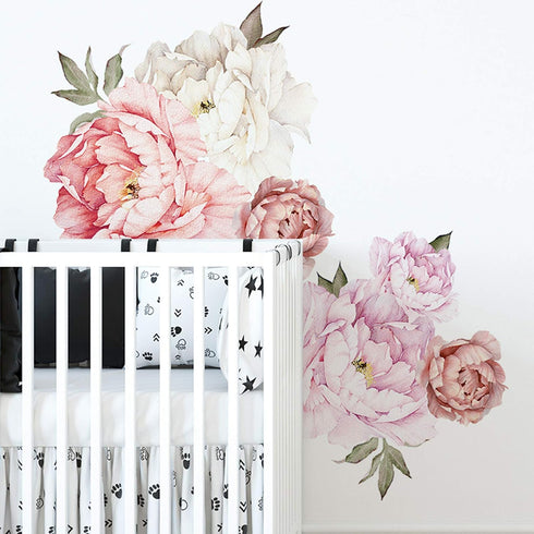 Watercolor Peony Flowers Wall Decals Floral Wall Stickers for Living Room, Delicate White & Pink Flowers Wall Posters Vinyl Blossom Art Applique f...