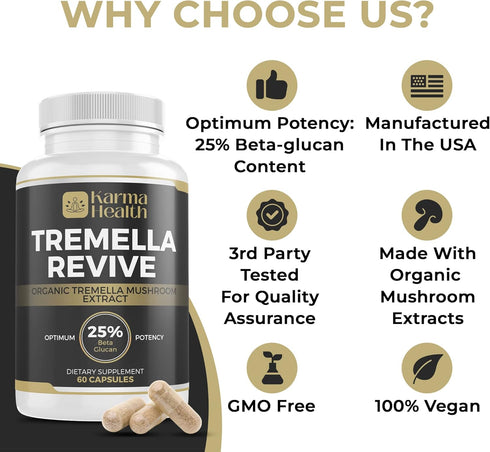 Tremella Mushroom Extract Supplement - Organic Skin Supplement - Compressed Snow Mushroom Powder Capsules - 25% Beta Glucan Content, Vegan & GMO F...