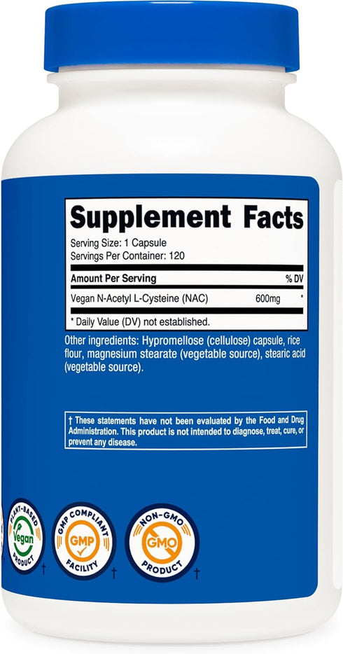 Nutricost N-Acetyl L-Cysteine (NAC) 600mg, 120 Vegetarian Capsules - Non-GMO, Gluten Free, Vegetarian Caps...