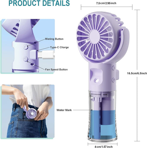 Handheld Fan Misting Hand Held Fan Rechargeable Battery Operated Portable 4 Speeds & 55ml Spray & 360° Foldable USB Personal Water Fan for Travel ...