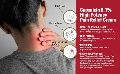 Globe (3 Pack) Capsaicin 0.1% High Potency Pain Relief Cream, Unscented (2 oz) Deep Penetrating Relief from: Arthritis, Muscle, Joint and Back Pai...