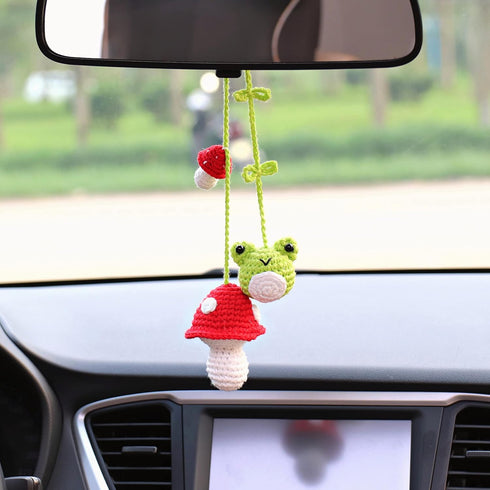2PCS Crochet Frog and Mushroom Ornament, Accessories for Rear View Window, Handmade Hanging Car Charm, Automotive Interior Decorations, House Deco...