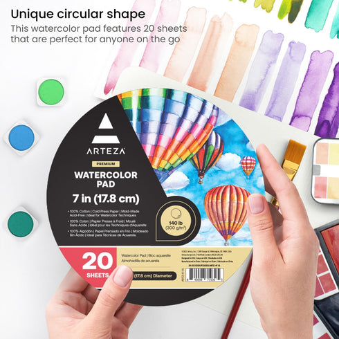 ARTEZA Watercolor Paper, 20 Sheets, 7 Inch Diameter Round Paper Pads, 140lb/300gsm, 100% Cotton, Cold Press, Acid Free Art Paper...