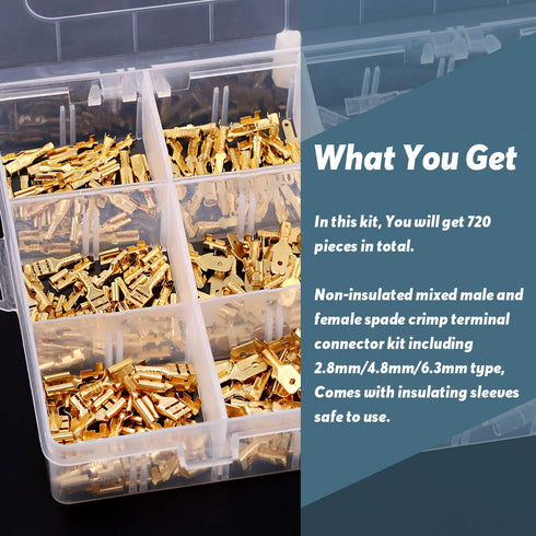 Glarks 720Pcs 2.8mm 4.8mm 6.3mm Male and Female Wire Spade Connector and Insulating Sleeve Assortment Kit Copper Wire Crimp Terminal Block with Ny...