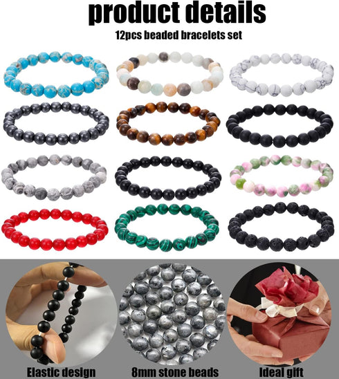 BOMAIL 12Pcs Natural Semi-Precious Gemstones Bracelets -8mm Round Beaded Bracelets for Men Women Reiki Healing Crystals Beads Stretch Bracelet...