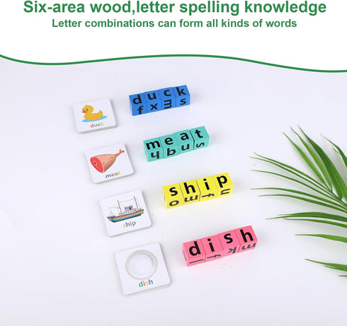 Wooden Blocks Spelling Game, Matching Letter Game Alphabet Learning Crossword Puzzle with Reading Wooden Blocks Sight Flash Cards Storage Bag Word...