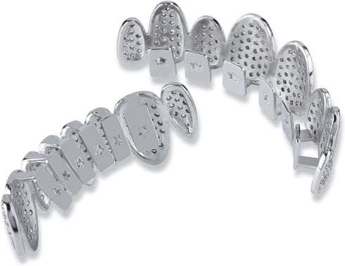 TOPGRILLZ 18K Gold Plated Iced Out Simulated 8 Top and Bottom Diamond Grills for Your Teeth with Extra Molding Bars...