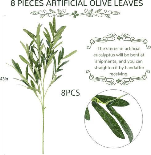 WILLBOND 8 Bundles Artificial Greenery Stems, Faux Olive Branches for Vases 43 Inch Tall Long Stem Olive Leaves Fake Plant for Floral Arrangement ...