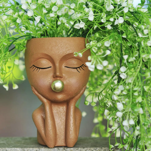 Planters for Indoor Plants Cute Lady Bubble Blowing Head Planter Resin Face Planters Flower Pot with Drainage Hole (Black)...
