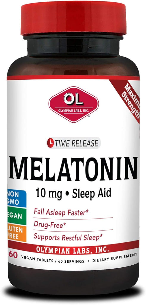 Olympian Labs Melatonin 10mg Time Release with Vitamin B6 - Maximum Strength Tablets - Drug-Free, Supports Restful Sleep, Nighttime Sleep Aid - 60...