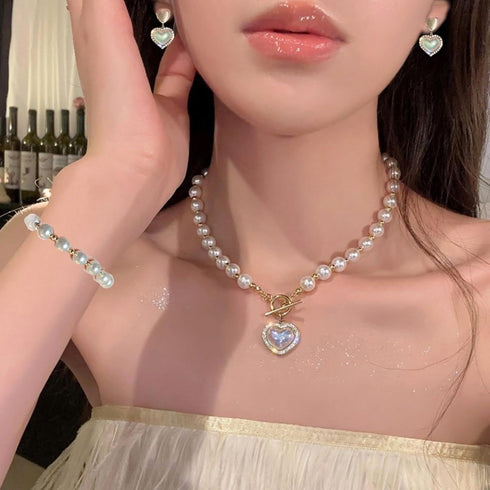 Pearl Heart Necklace and Earring set - 4PCS Pearl Jewelry Set for Women Gold Plated Pearl Choker Necklace Pearl Bracelet Pearl Earrings Set Trendy...