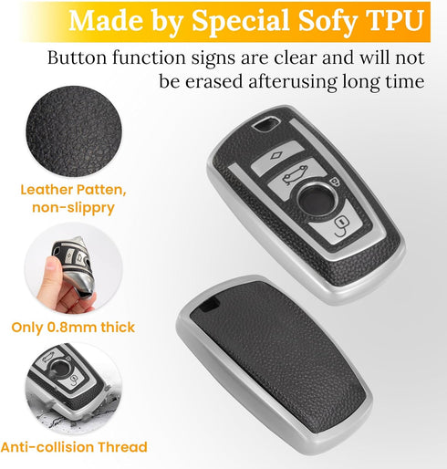 for BMW Keychain with Leather Keychain, Advanced Soft TPU Surface Grain Key Fob Holder for Classic Style BMW Smart Key(Silver)...