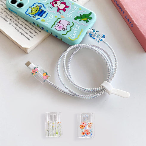 Cute Floral Cable Protector for iPhone Charger Red Rose Wild Flower Bouquet Butterfly Cherry Blossoms Pattern 4 pcs Set Charging Cord Phone Saver....