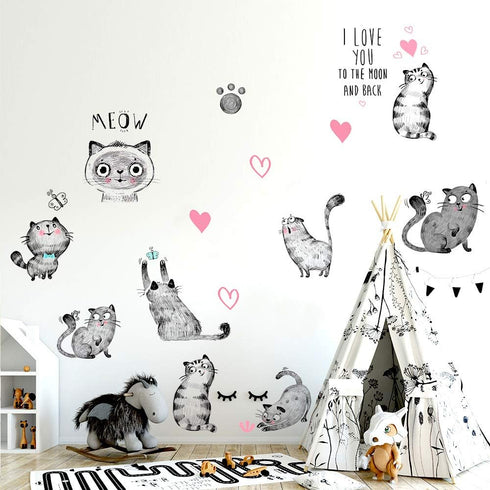 Cartoon Cats Wall Decals - MAIYU 9 Cute Kittens with Butterfly Heart Paw Print Wall Stickers for Kids Bedroom Living Room Nursery Home Decorations...