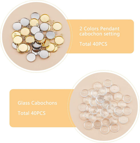 UNICRAFTALE 40 Sets 2 Colors 12mm Flat Round Tray Pendants Making Kits 304 Stainless Steel Pendant Cabochon Settings and Clear Glass Cabochon for ...
