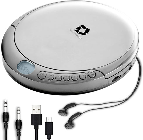CD Player Portable with 60 Second Anti Skip, Stereo Earbuds, Includes Aux in Cable and AC USB Power Cable for use at Home or in Car. Silver...