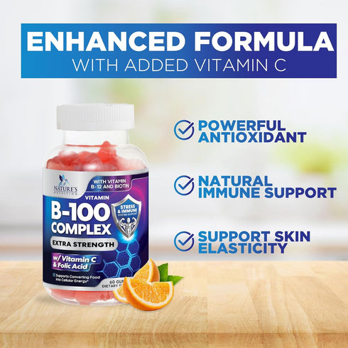 Super B Complex Gummies with Vitamin C & Folic Acid, Extra Strength Vitamin B Gummy Supplement with Niacin, B6, Folic Acid, B12, Biotin, Nature's ...