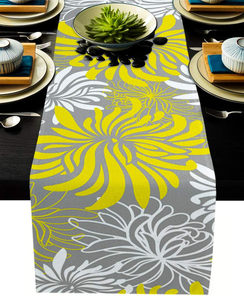 Floral Table Runner-Yellow Gray White Cotton linen-Long 72 inche Dresser Scarves,Flower Tablerunner for Kitchen Coffee/Dining Table Bedroom Home L...