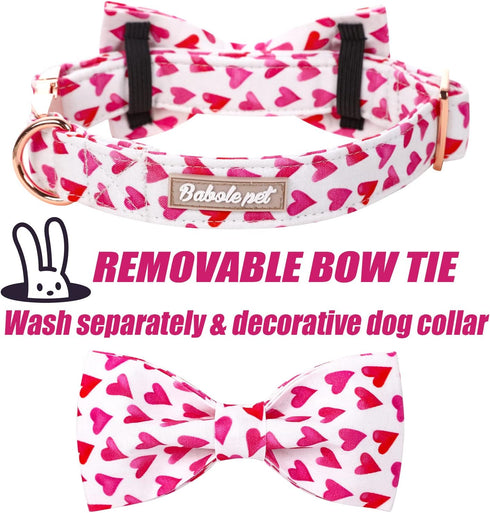 Valentine's Day Dog Collar with Bow Tie, White Red Love Male Dog Collar with Safety Metal Buckle Adjustable Puppy Collars for Small Medium Large B...