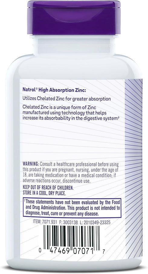 Natrol High Absorption Zinc 7.5 mg per serving, Dietary Supplement for Immune Health, Chewable Tablets for Adults, 60 Zinc Tablets, 60 Day Supply...