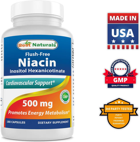 Best Naturals Flush-Free Niacin Inositol Hexanicotinate 500 mg 180 Capsules...