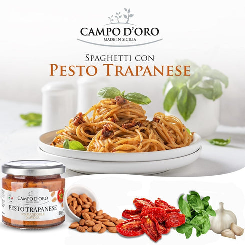 Trapanese Pesto Sauce, made with Tomato Sauce, Basil & Almonds. Italian Specialties. 6.3oz (180g). 100% made in Italy. By Campo D'Oro...