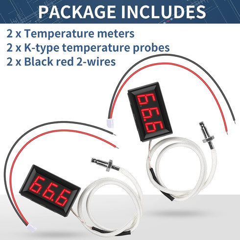 2 Pieces -30-800 Degree Centigrade Digital Temperature Meter with 0.5 Meter K-Type Thermocouple Temperature Sensor and 2-Wires Reverse Polarity Pr...