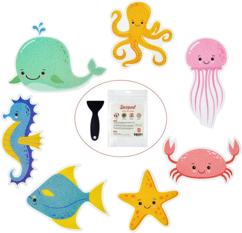 Non Slip Bathtub Stickers, 14 PCS Large Sea Adhesive Kids Anti Slip Decal Treads for Shower and Bath Tub with Premium Scraper...