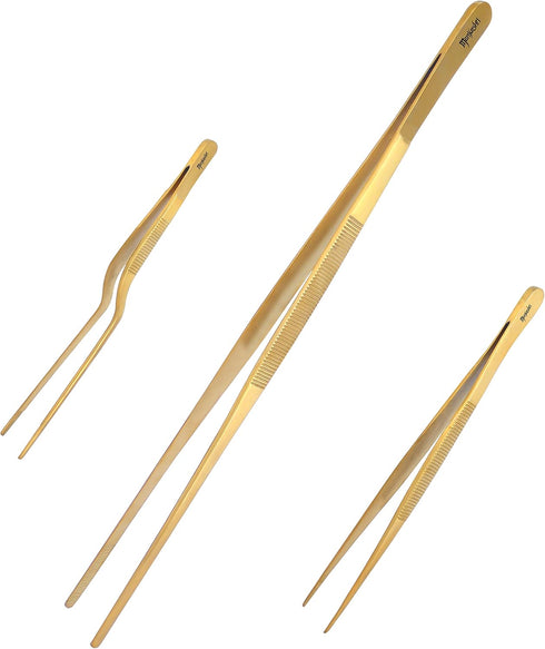 Manjushri Premieum Grade Steel Chef Food Cooking Plating Kitchen Baking 12 Inch XL Long Gold Tong Tweezer Tool Set...