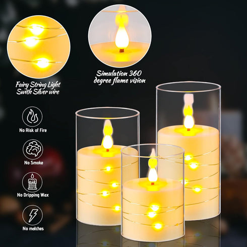Da by Flameless Candle for Outdoor Use, Recessed String Light, Battery Powered LED Pillar Candle with Remote Control, Timer Function, 4" 5" 6", 3 ...